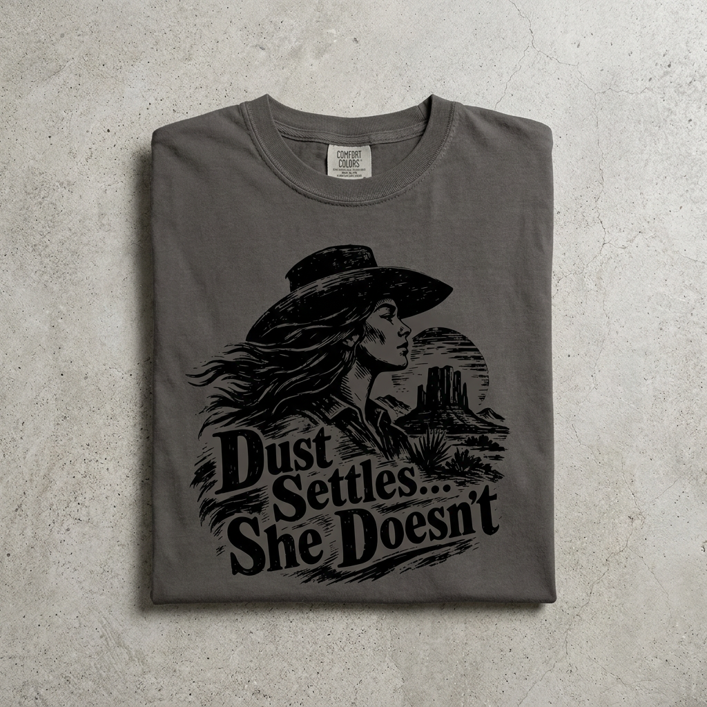 A folded dark gray t-shirt with a black graphic print of a woman in a cowboy hat and the text 'Dust Settles.