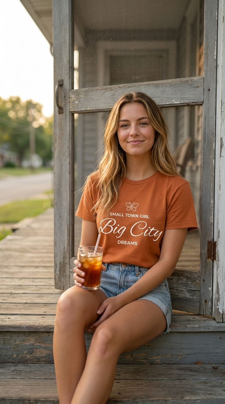 A woman sitting on weathered wooden porch steps wearing an orange graphic t-shirt that reads 'Small Town Girl Big City Dreams' in white script, paired with denim shorts and holding an iced coffee.