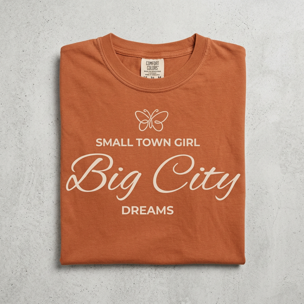 A folded terracotta orange t-shirt with white graphic text reading 'SMALL TOWN GIRL Big City DREAMS' and a butterfly illustration, displayed on a textured gray background.