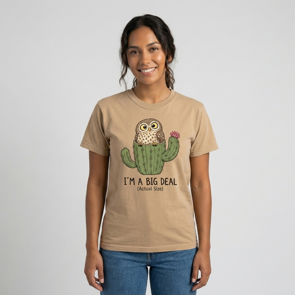 A woman wearing a beige graphic t-shirt with a cartoon cactus owl and the text 'I'M A BIG DEAL (Actual Size)' printed on the front, paired with blue jeans, against a light gray studio background.