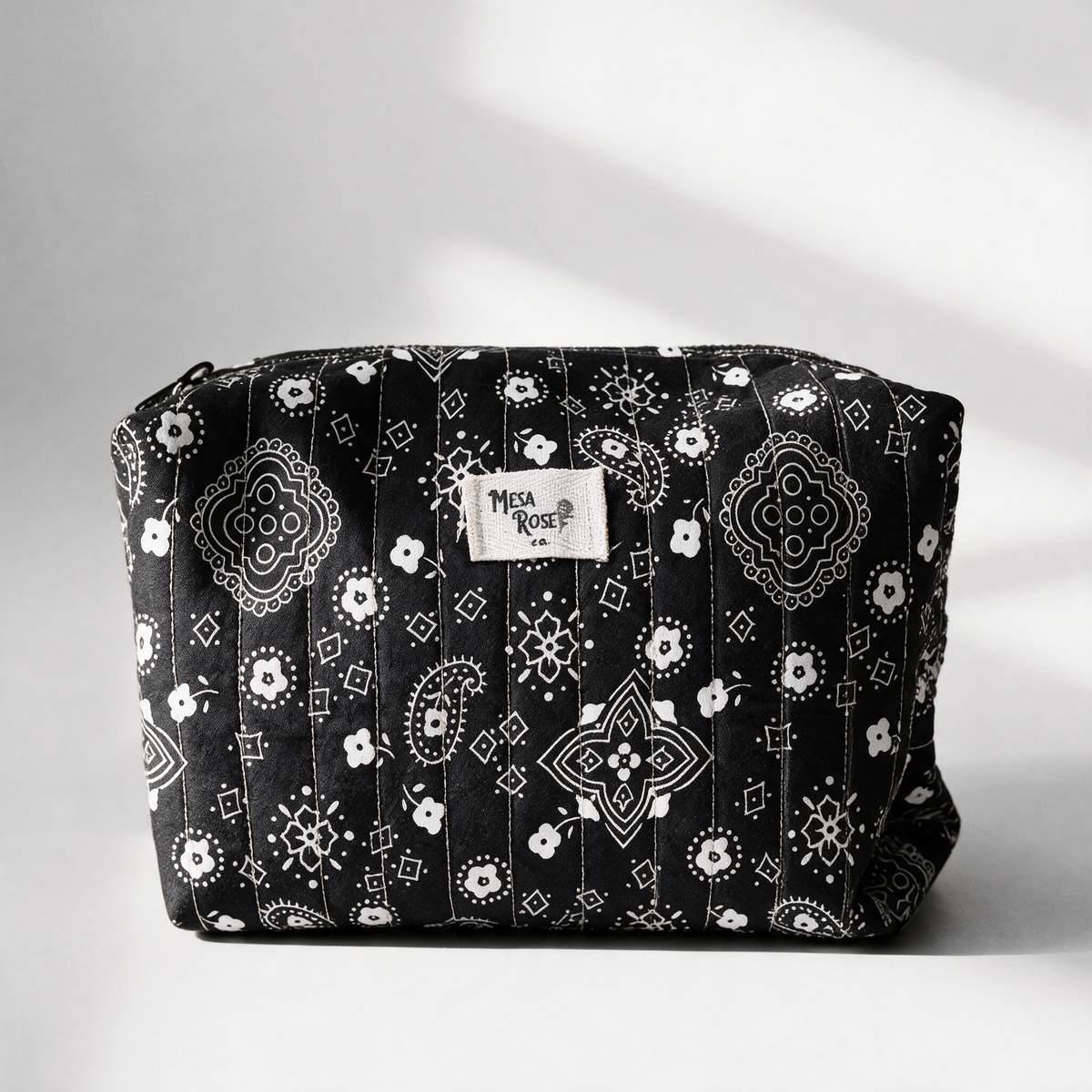 makeup bag, black bandana pattern. Mesa Rose Co.