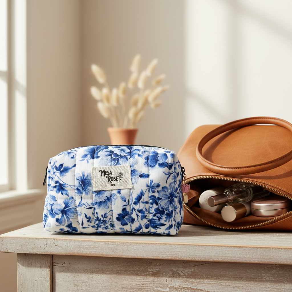 Blue floral small makeup bag lifestyle image