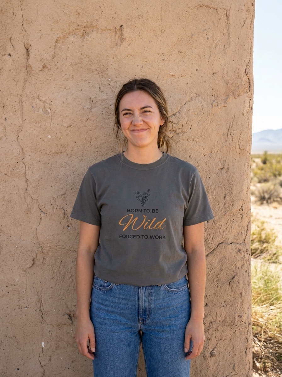 Woman wearing a pepper gray Born to Be Wild Forced to Work graphic tee against a sun-bleached adobe wall.