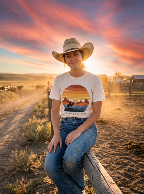 Woman wearing an ivory Chasing Horizons Sunset graphic tee, sitting on a wooden fence at sunset in a western ranch setting.