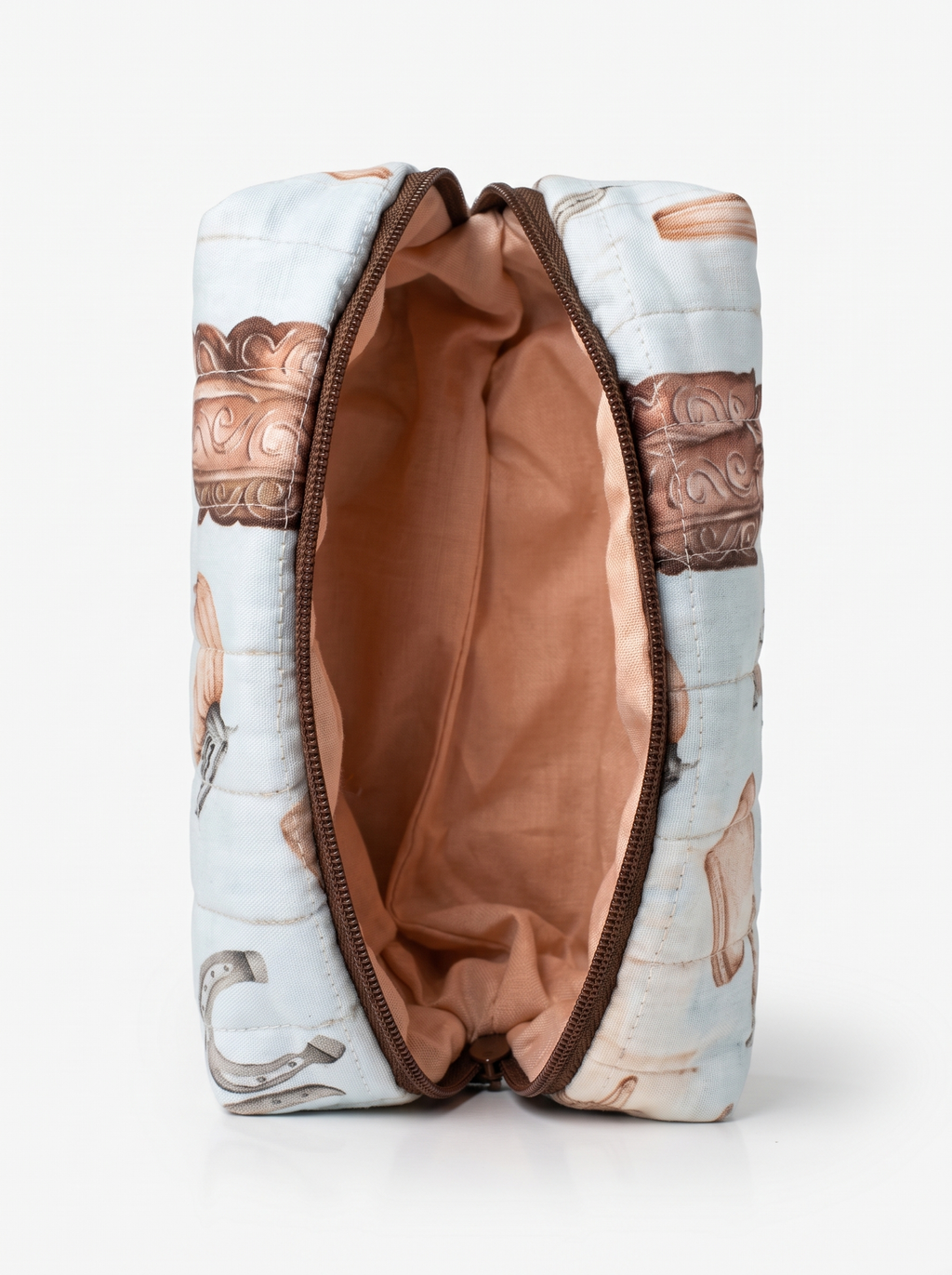 An open zippered cosmetic bag with a white patterned exterior and a tan interior lining, shown against a plain white background.