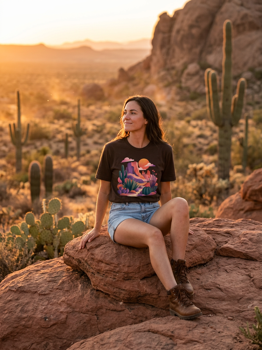 A woman sits on a large red rock in a desert landscape at sunset, wearing a dark brown graphic t-shirt with a colorful landscape print, denim shorts, and hiking boots. Cacti and desert mountains are visible in the background.