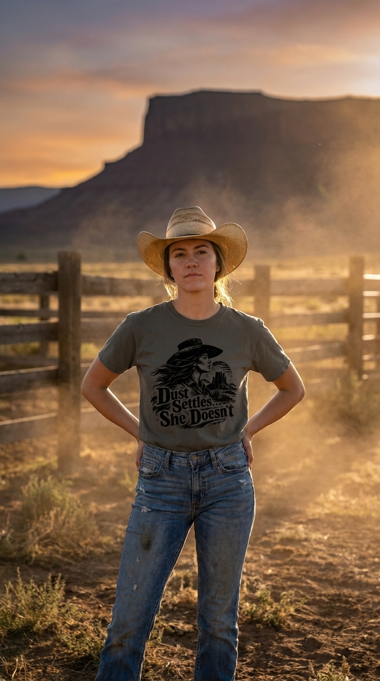 A woman wearing a gray graphic t-shirt with a cowboy hat and blue jeans stands in a dusty outdoor field at sunset with a mesa mountain in the background.