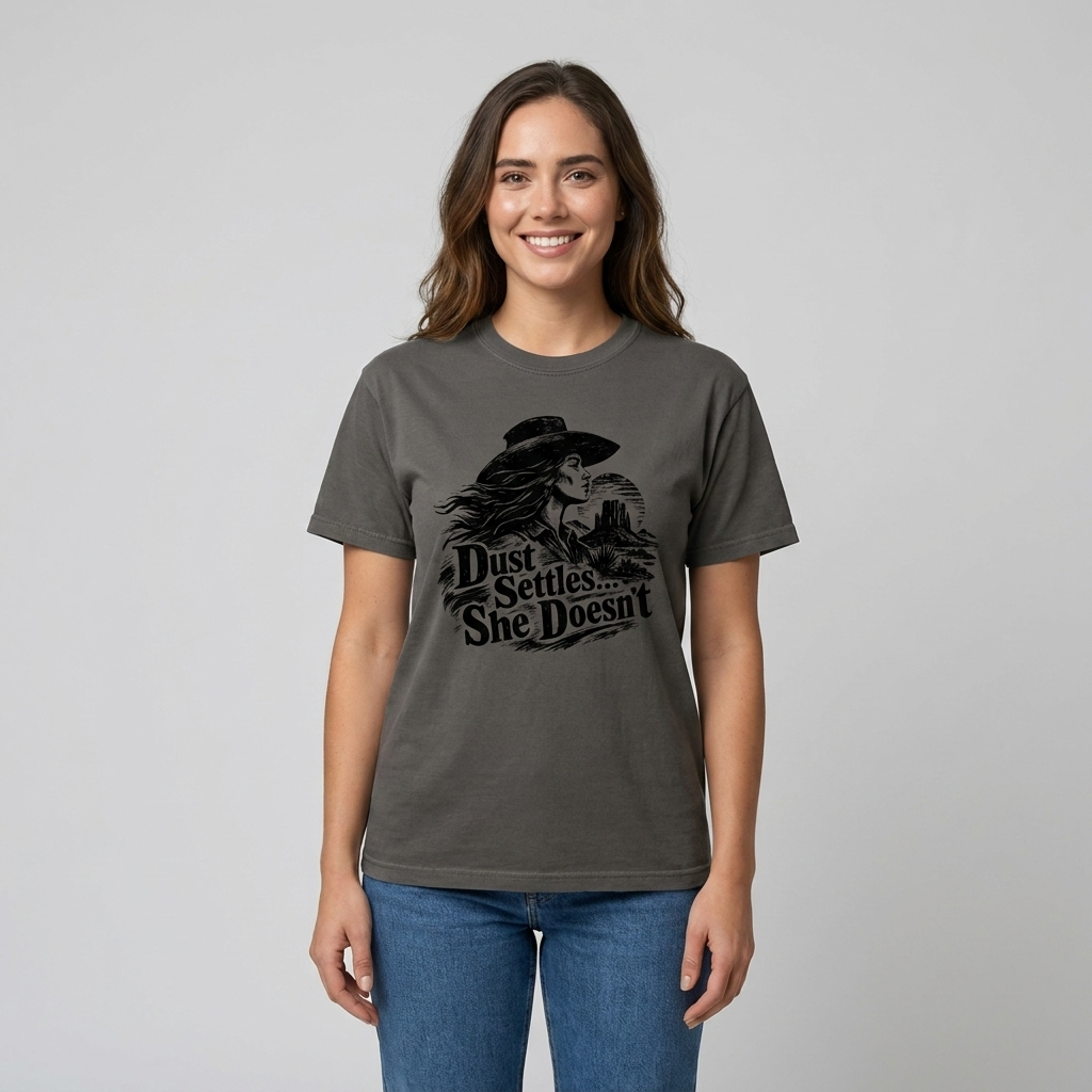 A woman wearing a dark gray graphic t-shirt with a black western-themed print that reads 'Dust Settles She Doesn't', paired with blue jeans, against a light gray studio background.