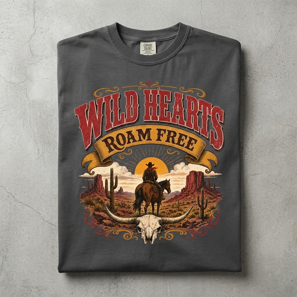 Wild Hearts Roam Free Cowboy Tee in Pepper