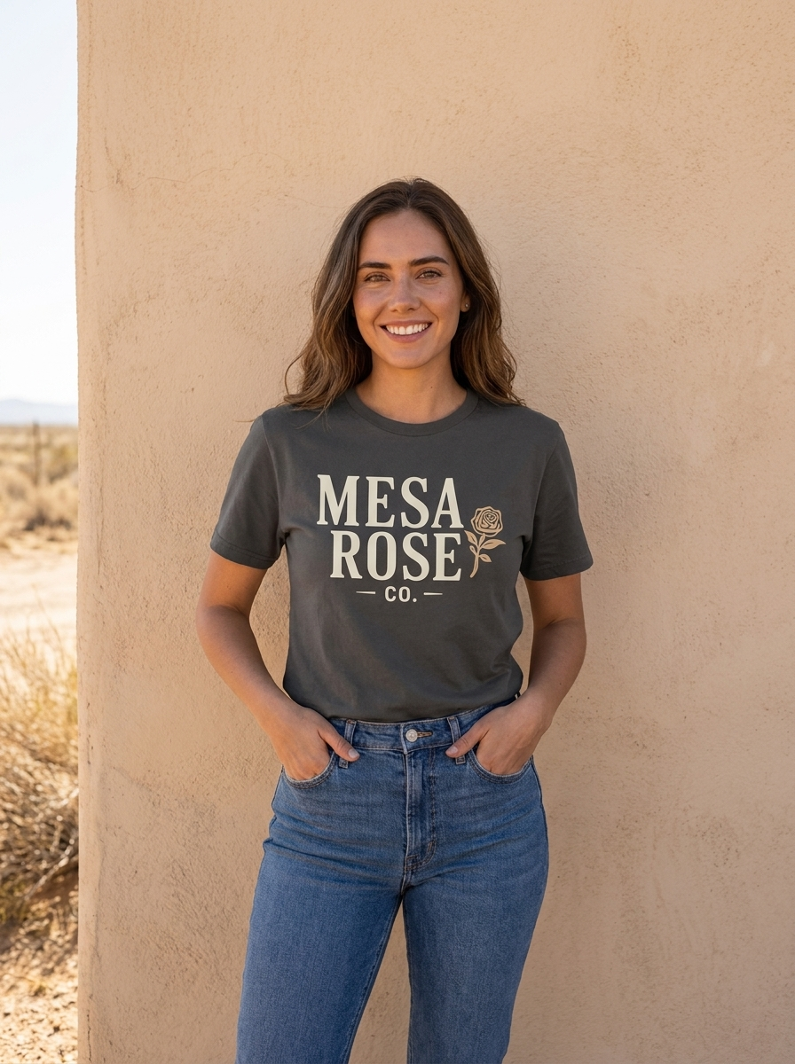 Mesa Rose Co. Signature Logo Tee in Pepper, lifestyle photo