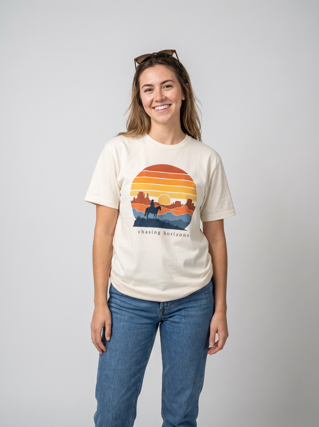 Chasing Horizons Sunset Tee studio portrait