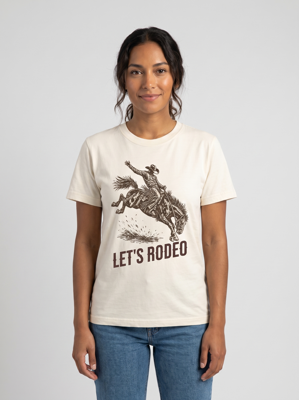 Let's Rodeo Bucking Bronco Tee studio portrait