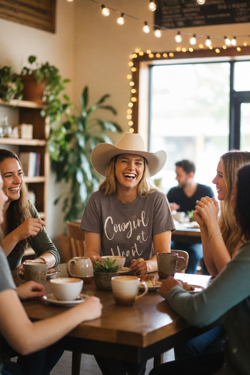 Cowgirl at Heart Graphic Tee in Espresso at a coffee shop