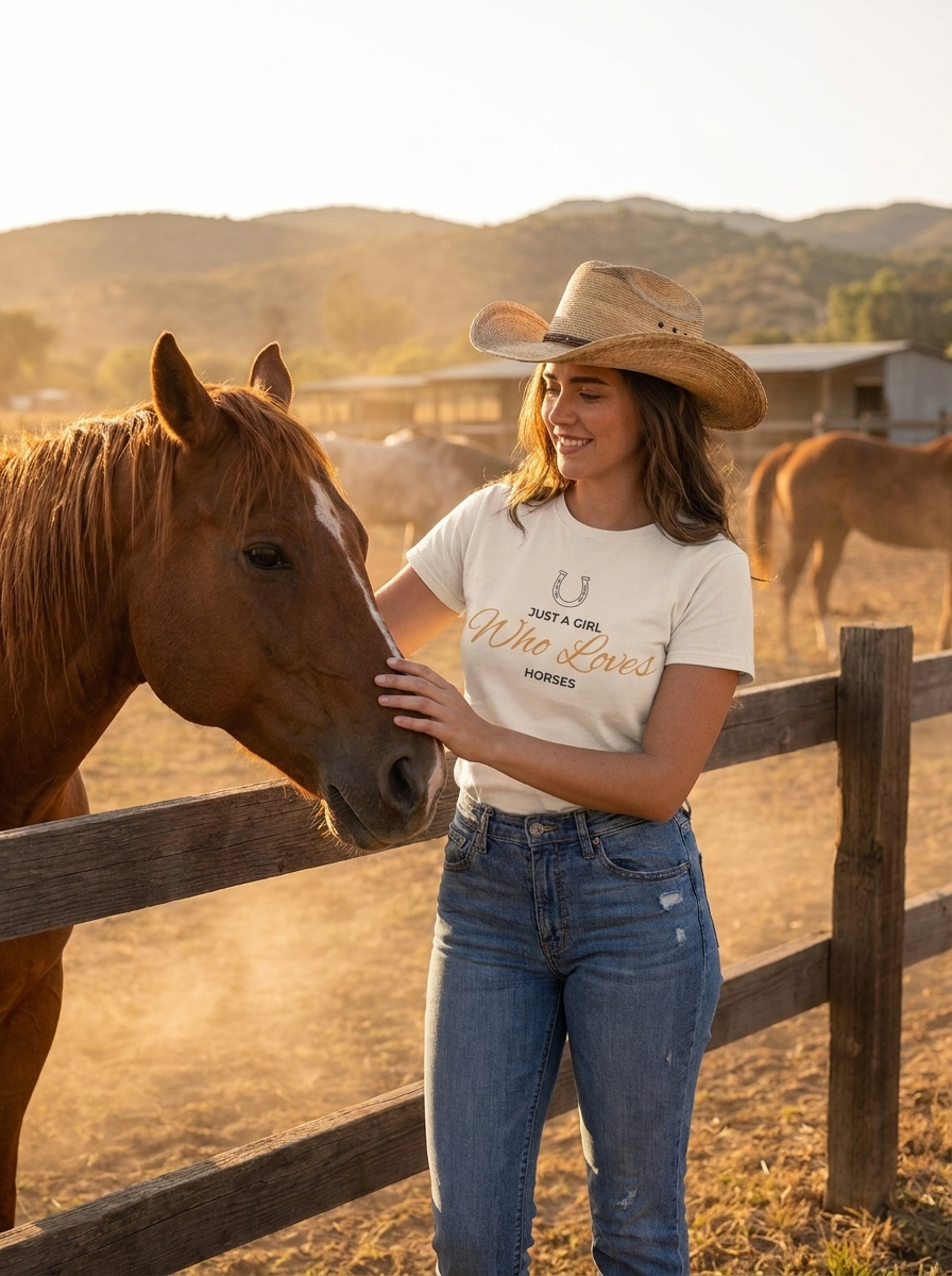Woman wearing an ivory Just a Girl Who Loves Horses graphic tee, petting a horse at a ranch fence.