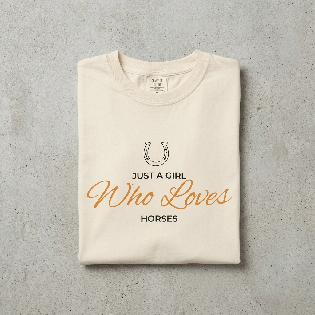 A folded cream-colored t-shirt with a graphic print on a textured gray background. The graphic features a horseshoe icon above the text 'JUST A GIRL Who Loves HORSES', with 'Who Loves' written in a cursive orange font and the other text in black.