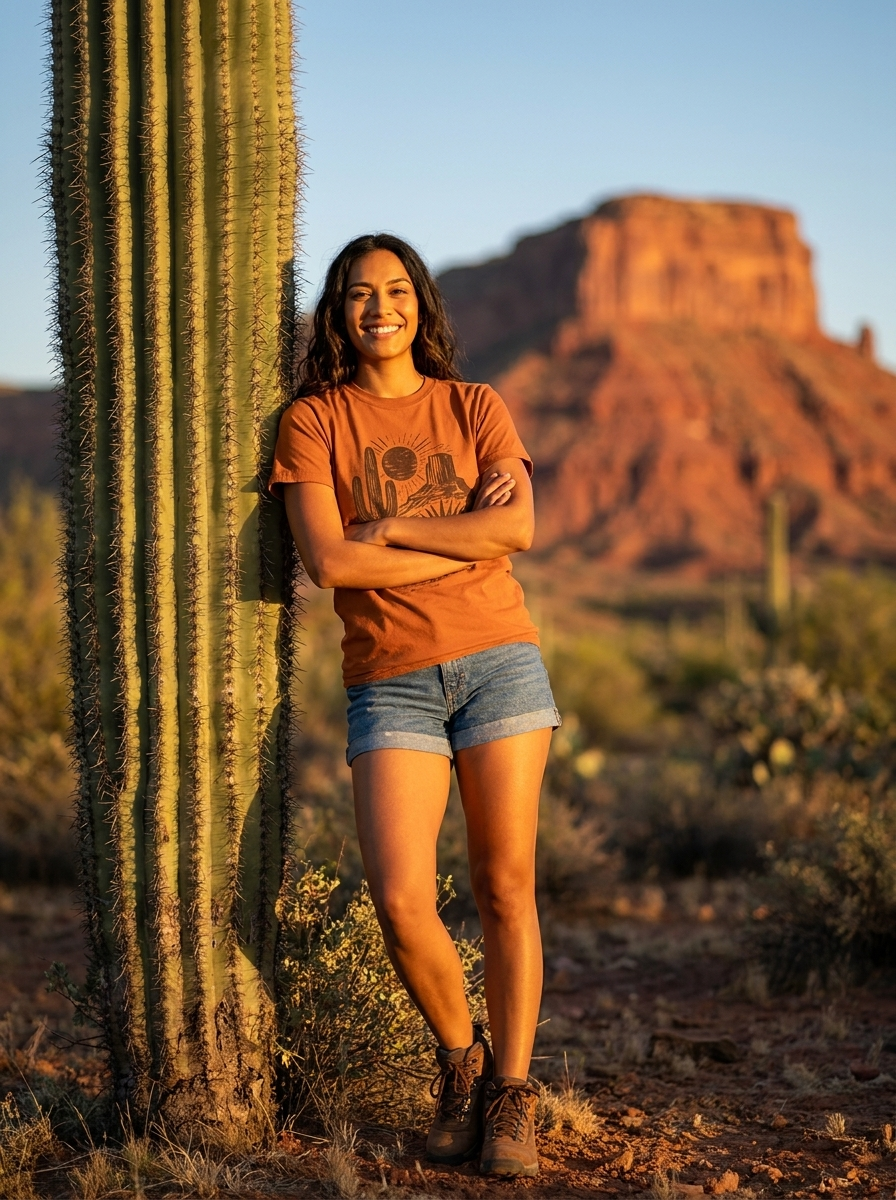 A woman stands outdoors in a desert landscape next to a large saguaro cactus, wearing an orange graphic t-shirt, denim shorts, and hiking boots, with a red rock butte in the background.