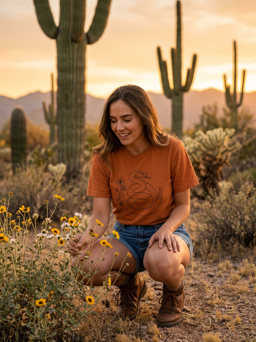 A woman crouching in a desert landscape at sunset, wearing an orange graphic t-shirt with a snake design, denim shorts, and brown boots.