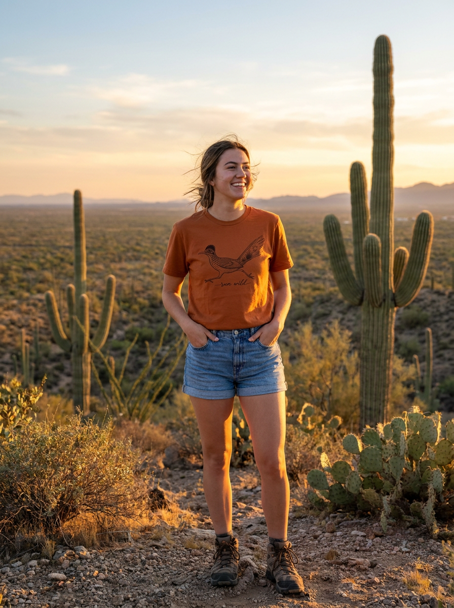 Woman wearing a yam orange Run Wild Roadrunner graphic tee, standing in a desert landscape at sunset.