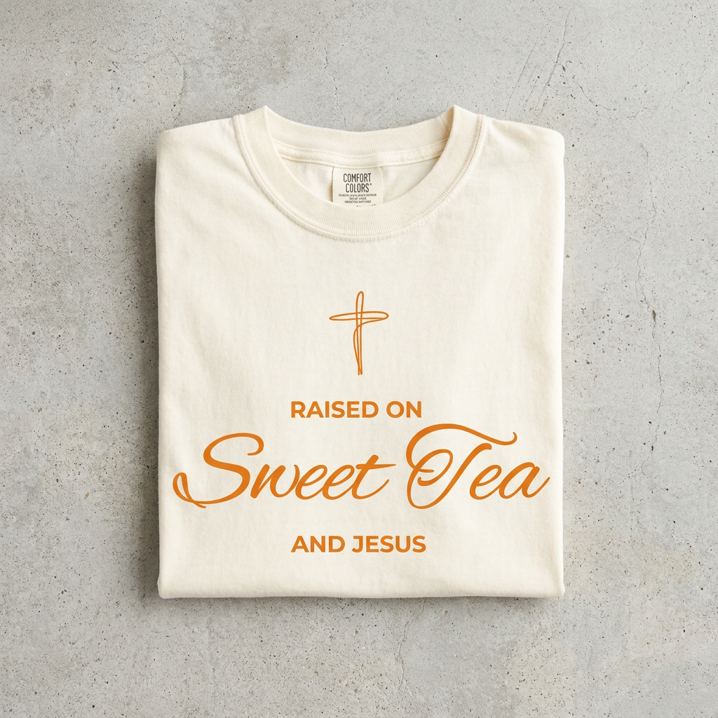 A folded cream-colored t-shirt with orange text and a cross graphic reading 'RAISED ON Sweet Tea AND JESUS', displayed on a textured gray concrete surface.