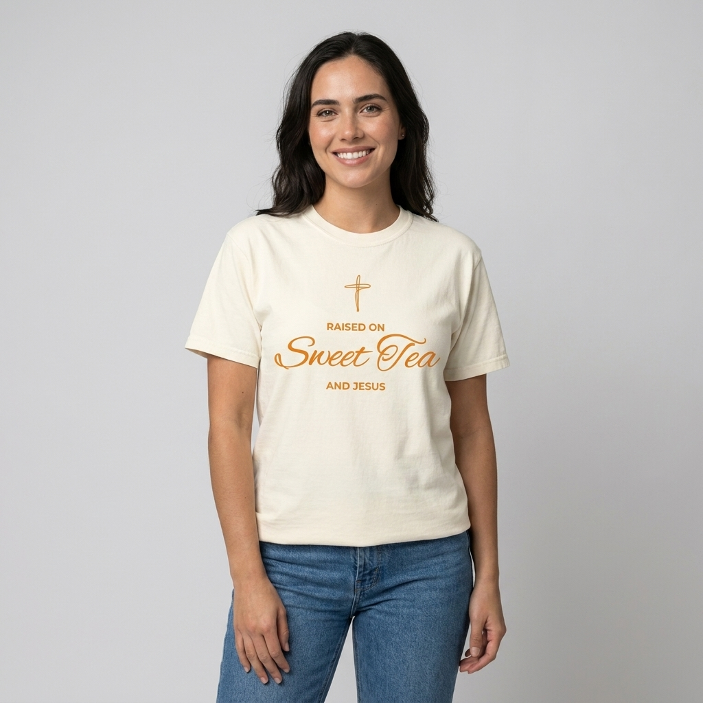 A woman wearing a cream-colored t-shirt with a gold graphic that reads 'RAISED ON Sweet Tea AND JESUS' with a cross, paired with blue jeans, against a plain light gray background.