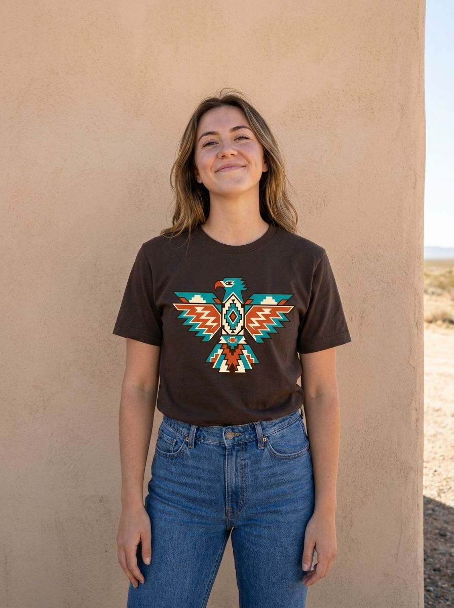 Woman wearing an espresso brown Thunderbird Southwest Geometric graphic tee against a sun-bleached adobe wall.