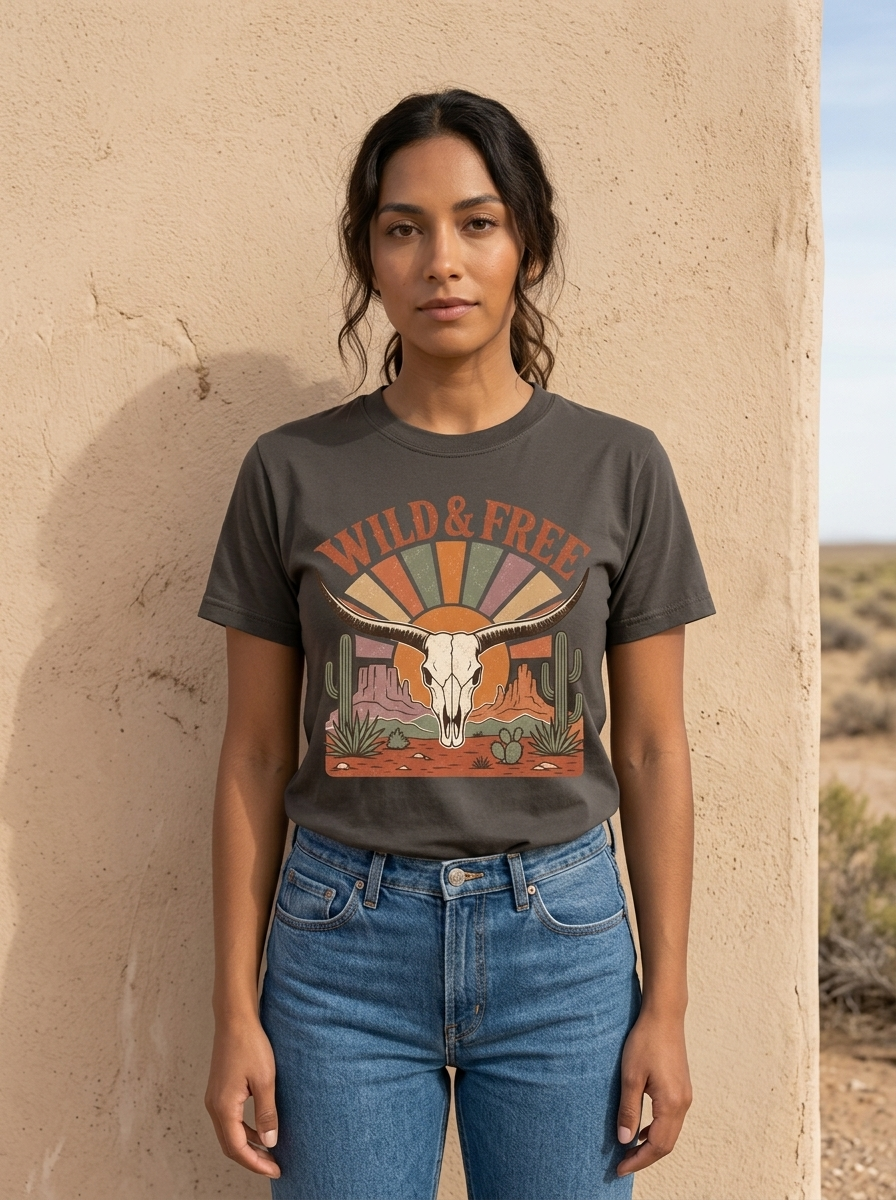 Woman wearing a pepper gray Wild and Free Longhorn Skull graphic tee against a sun-bleached adobe wall.