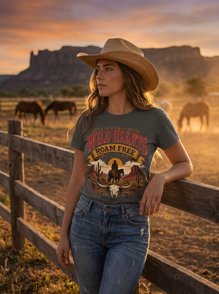 A woman wearing a brown cowboy hat and a dark gray graphic t-shirt that reads 'WILD HEARTS ROAM FREE' stands outdoors in a rural setting at sunset, leaning on a wooden fence with horses and rock formations in the background.