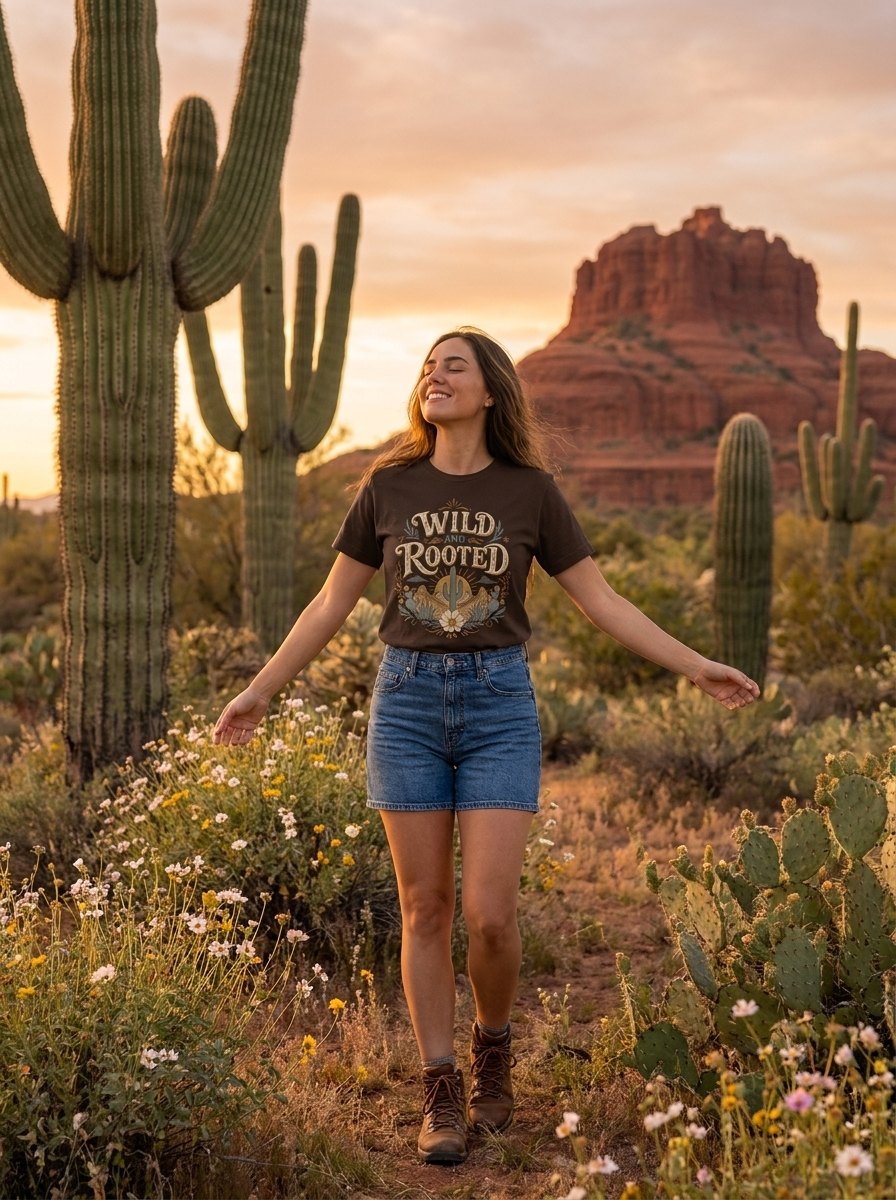 A woman stands in a desert landscape at sunset wearing a dark brown graphic t-shirt with 'WILD ROOTED' printed on the front, paired with denim shorts and hiking boots. Cacti and red rock formations are visible in the background.