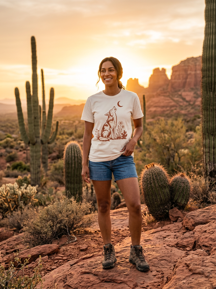 A woman stands outdoors in a desert landscape at sunset wearing a white graphic T-shirt with a brown illustration of a wolf and moon, blue denim shorts, hiking boots, and a backpack.