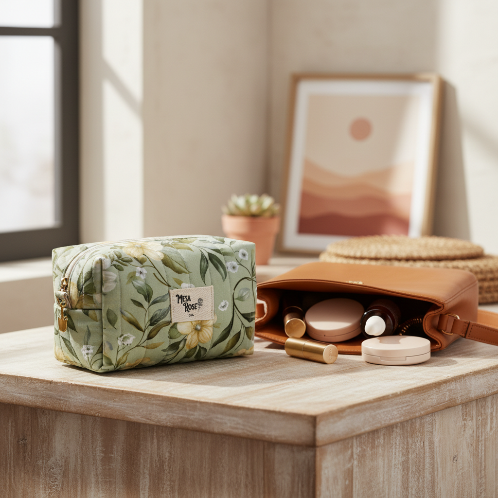 Yellow floral small makeup bag lifestyle image